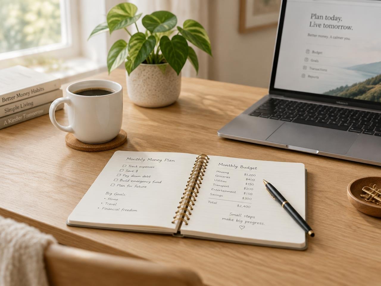Mesa de trabajo con cuaderno, café y portátil para planificar las finanzas